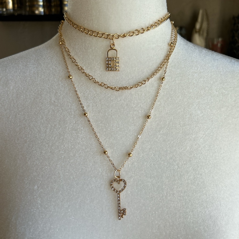 Gold Toned Layered Necklace Set with Key and Lock Pendants